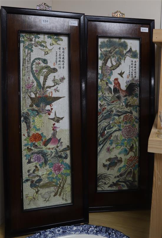 A pair of Chinese porcelain panels, painted with birds and inscribed, 73cm x 18cm